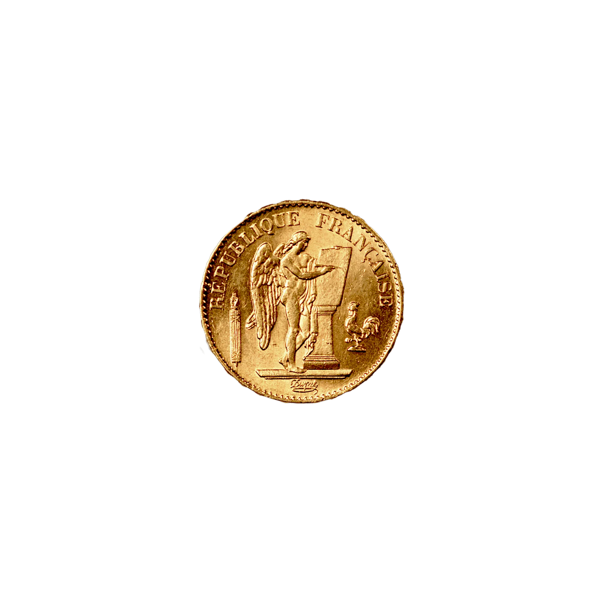 What is depicted alongside the angel on the coin?
